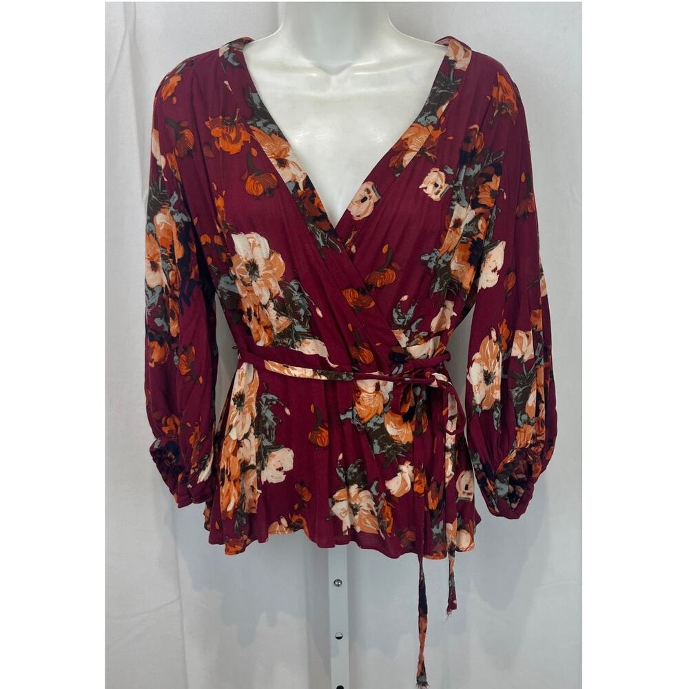 HD in PARIS Anthropologie Floral Wrap Top Tie Waist Red Multi Size 8 Petite 8P